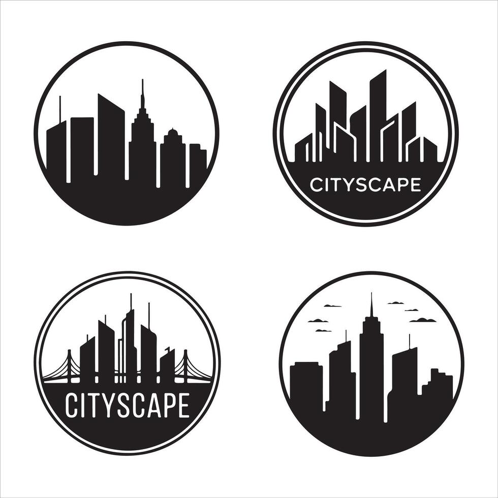Four black and white circular cityscape logos skyline vector