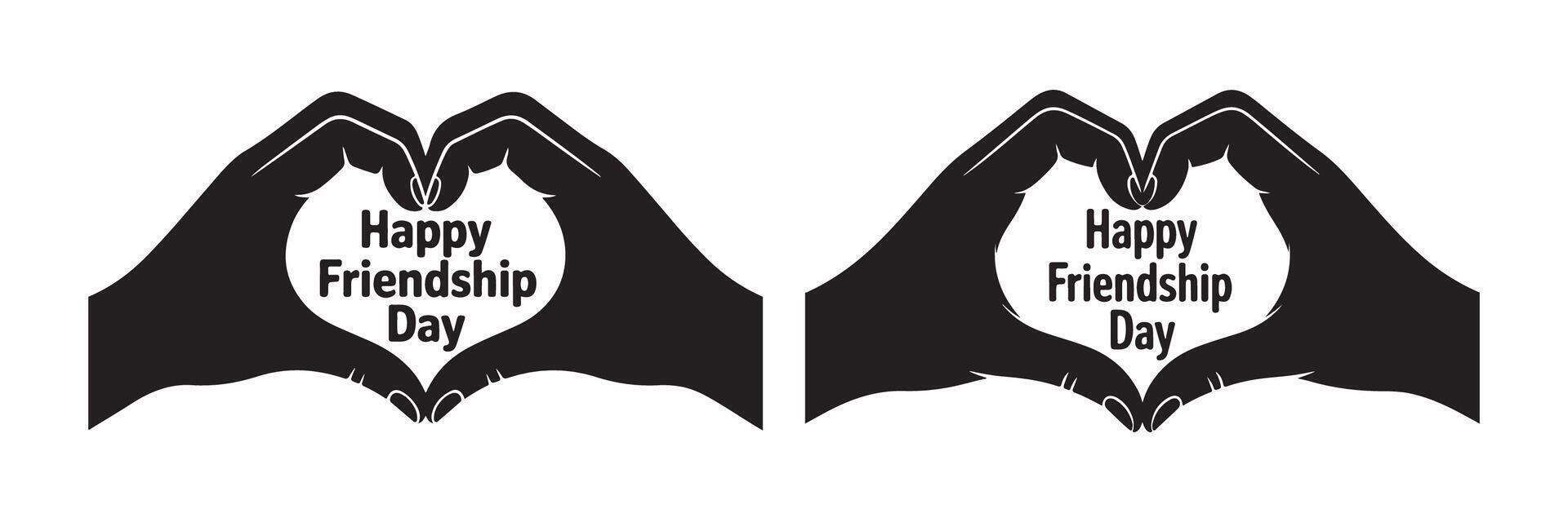 Two black silhouette hands forming heart shape with Happy Friendship Day text vector