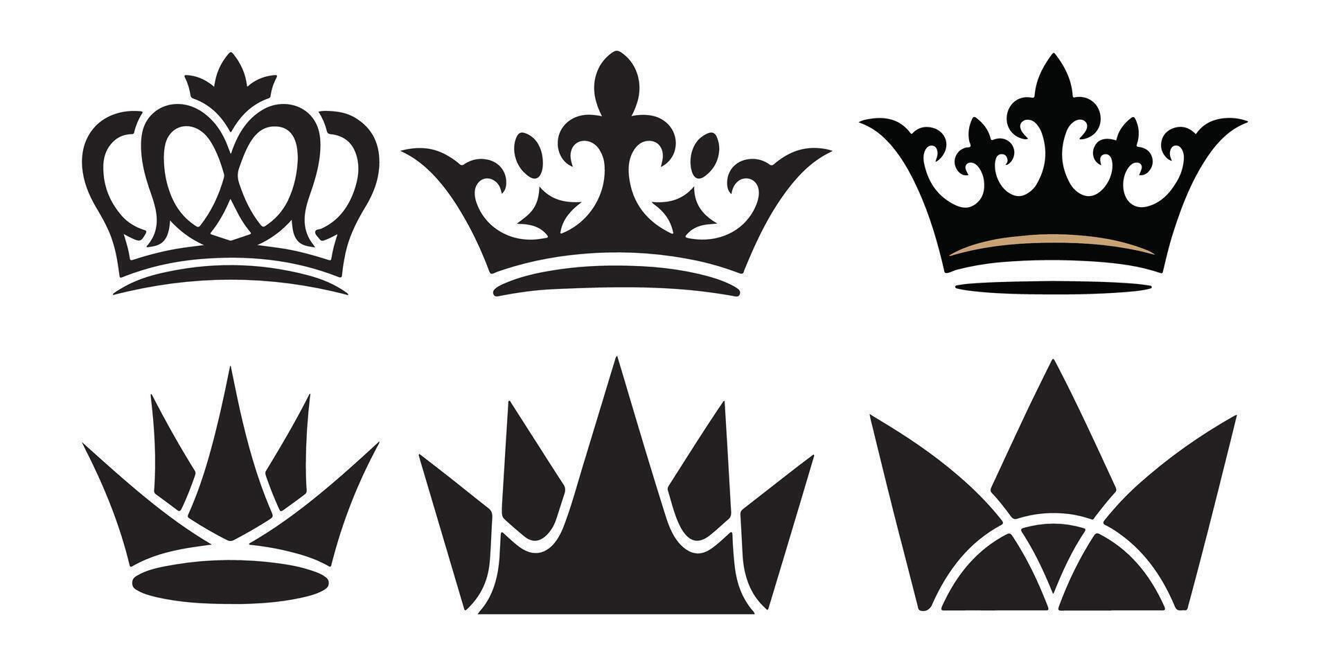 Six black crown icons with gold accent royal symbol vector
