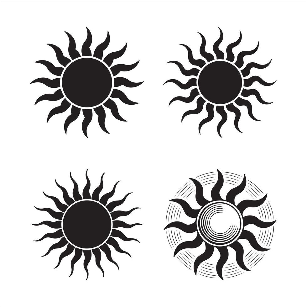 Four black sun symbols on white background graphic vector