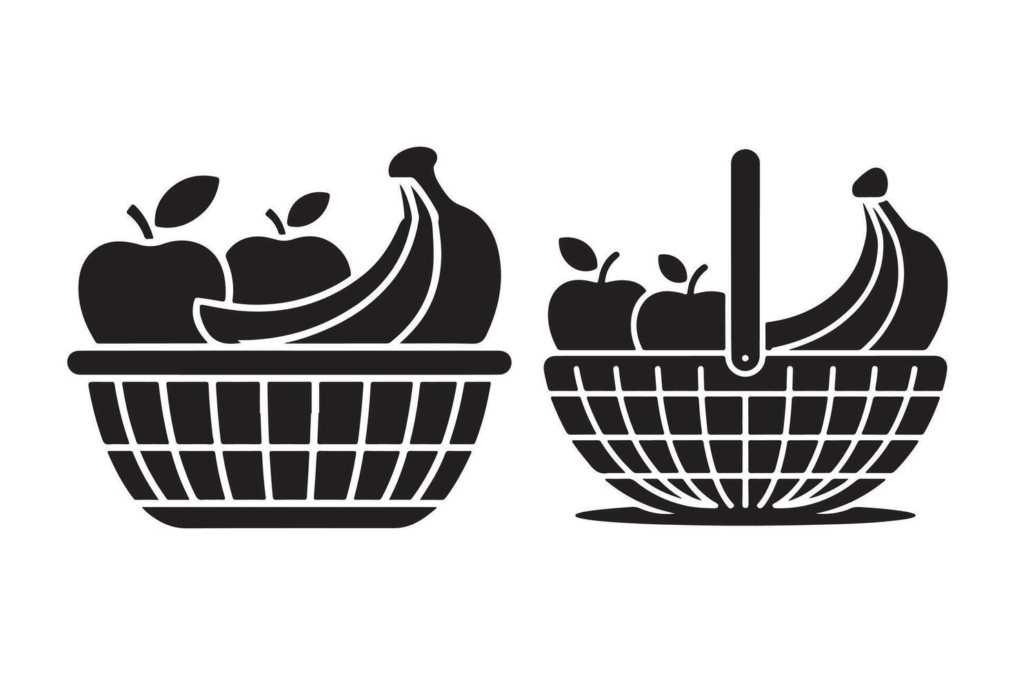 Two black silhouette fruit baskets with apples and bananas vector