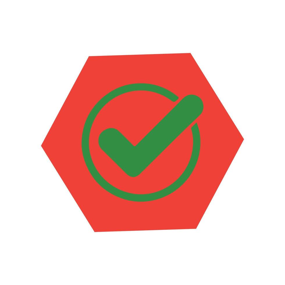 Red hexagon with green checkmark and circle tick confirm vector