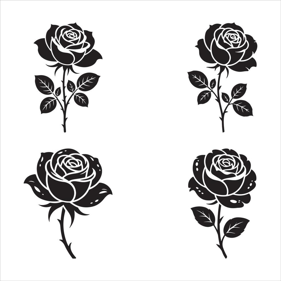 Four black rose silhouettes with leaves flower white vector