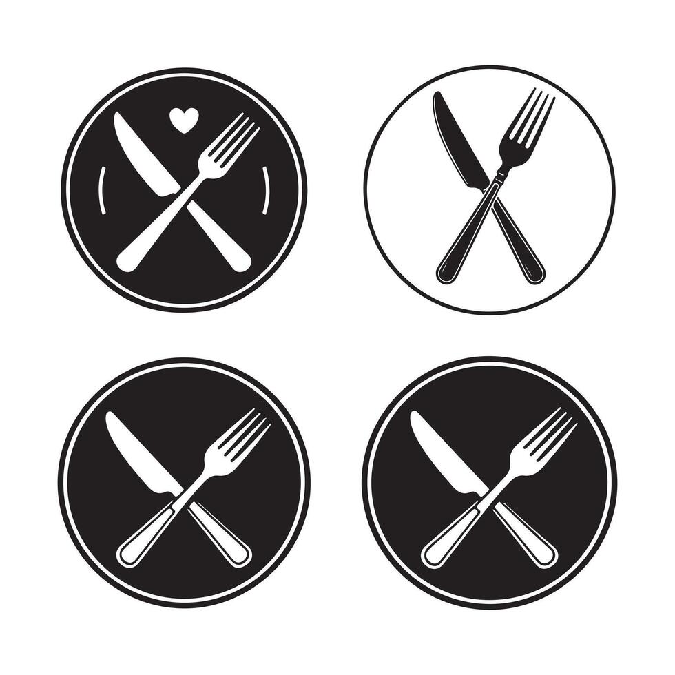 Four circular icons with crossed fork and knife cutlery vector