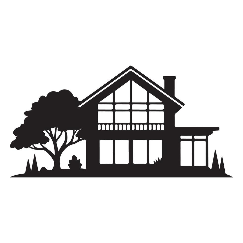 Black silhouette of a two story house with large windows and a tree vector