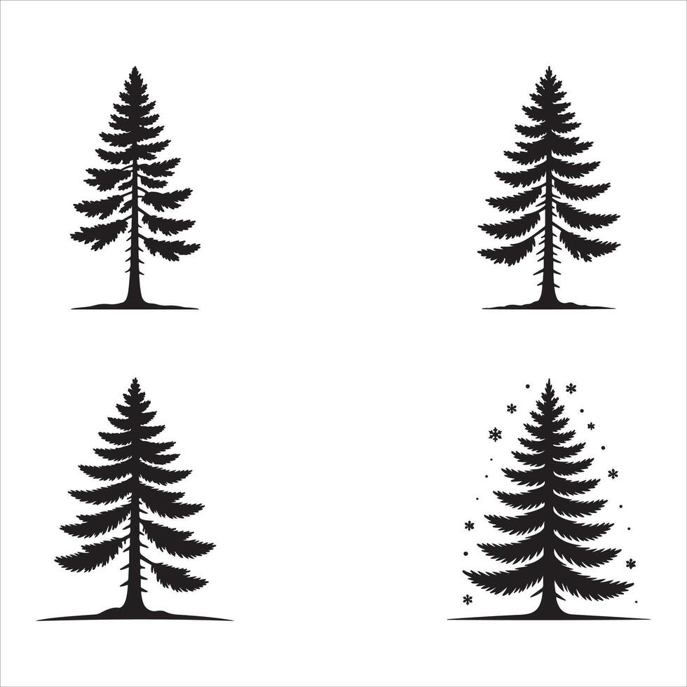 Four Black Evergreen Tree Silhouettes with Snowflakes vector