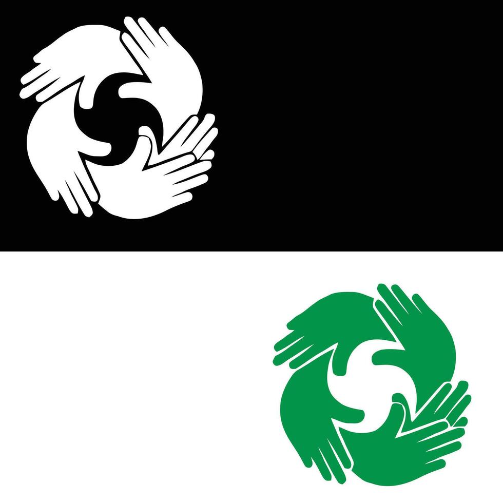 A green and white logo with a hand in the middle vector