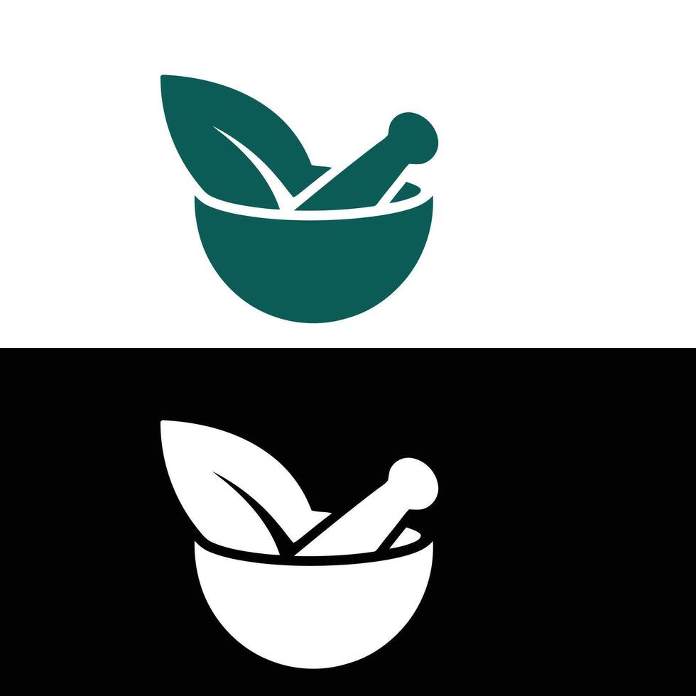 A black and white logo with a mortar and pestle vector