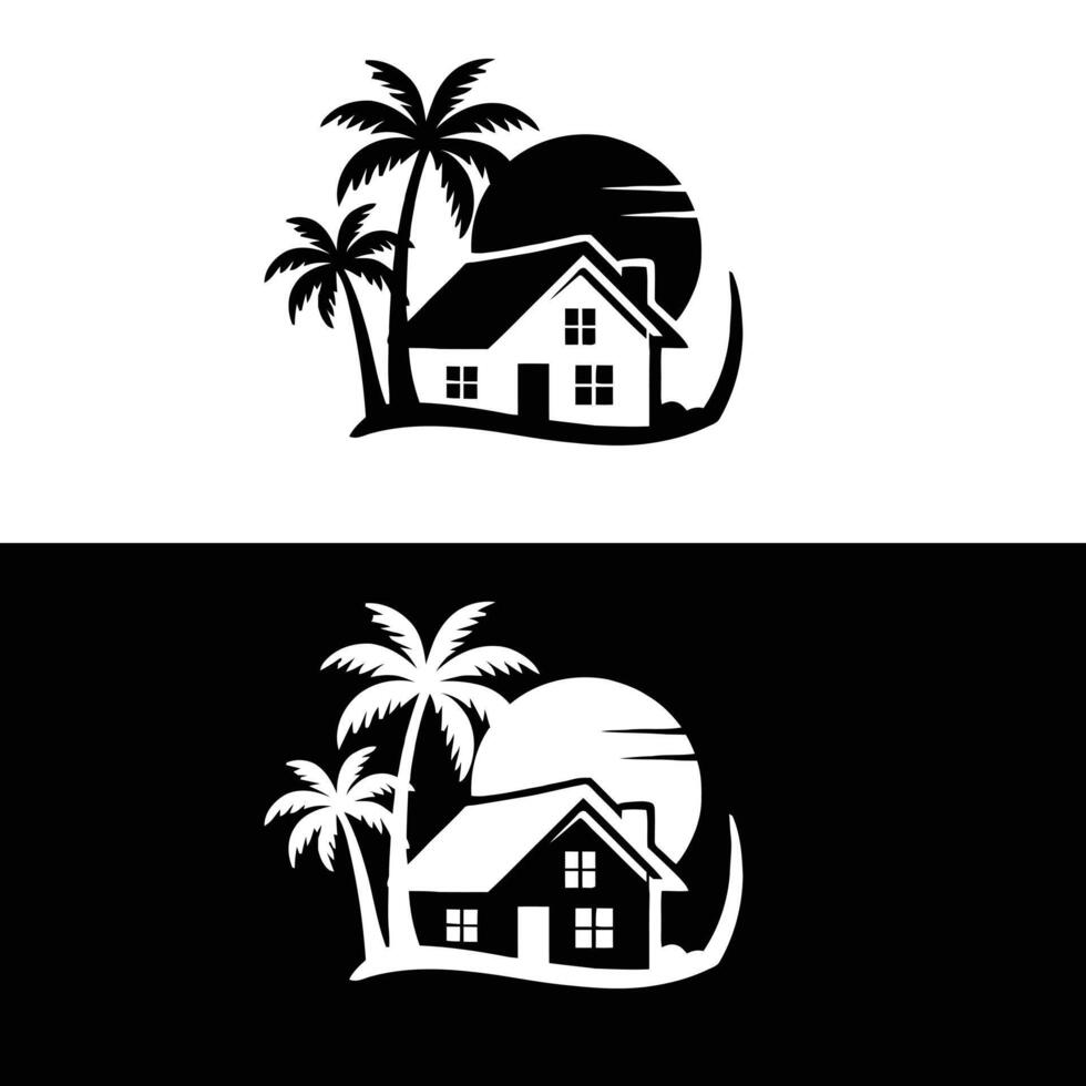A house and palm trees on a black and white background vector