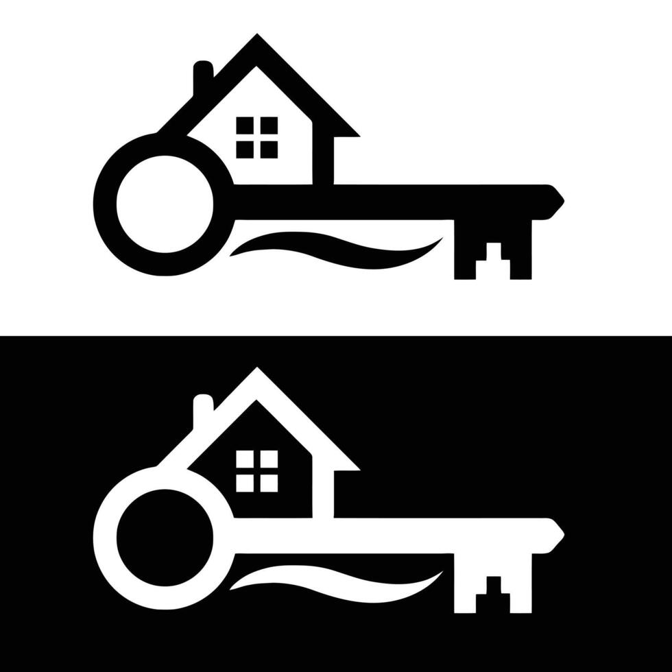 A house and key icon on a black and white background vector