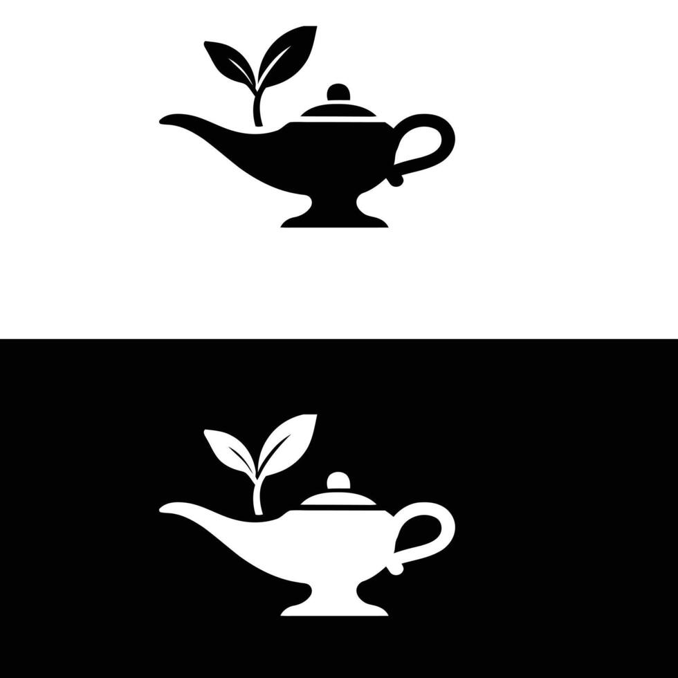 A black and white image of a magic lamp with a plant vector