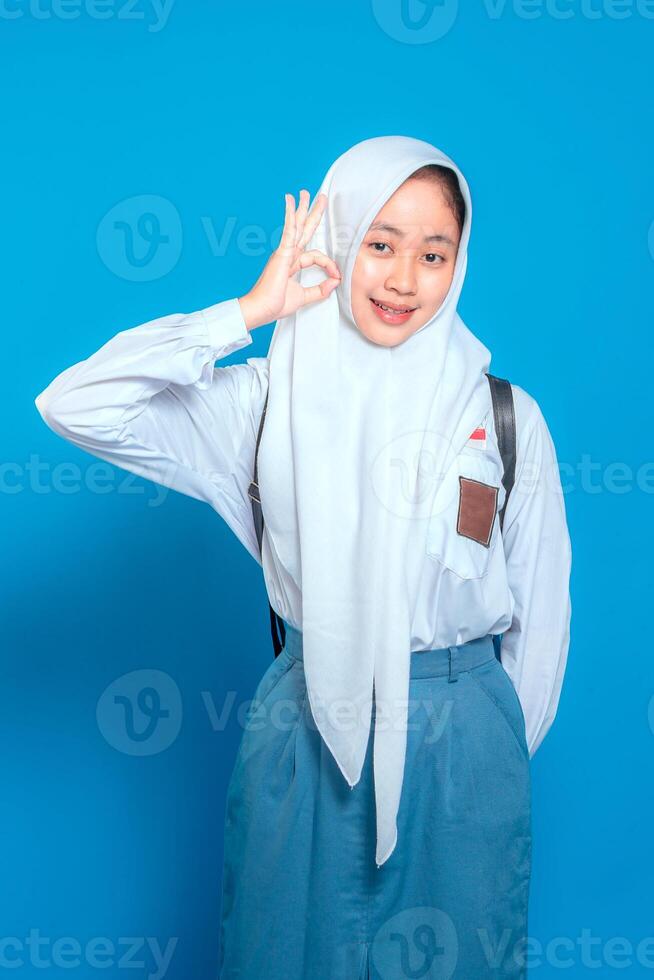 Happy Muslim schoolgirl wearing hijab and school uniform showing an OK hand gesture with a cheerful smile. Confident facial expression perfect for back to school advertisement themes. photo