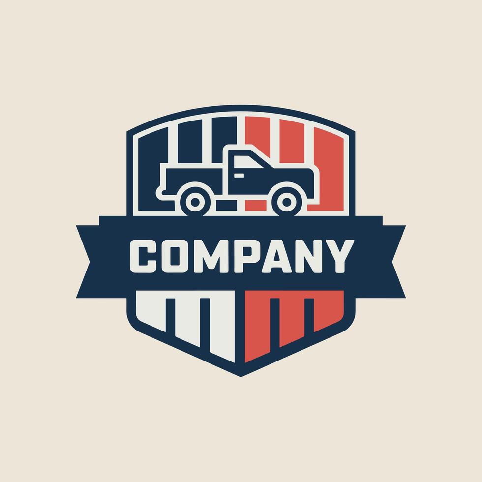 A Robust Automotive Company Emblem Featuring a Red Pickup Truck Silhouette on a Navy Blue Shield with Stars and a Company Banner vector