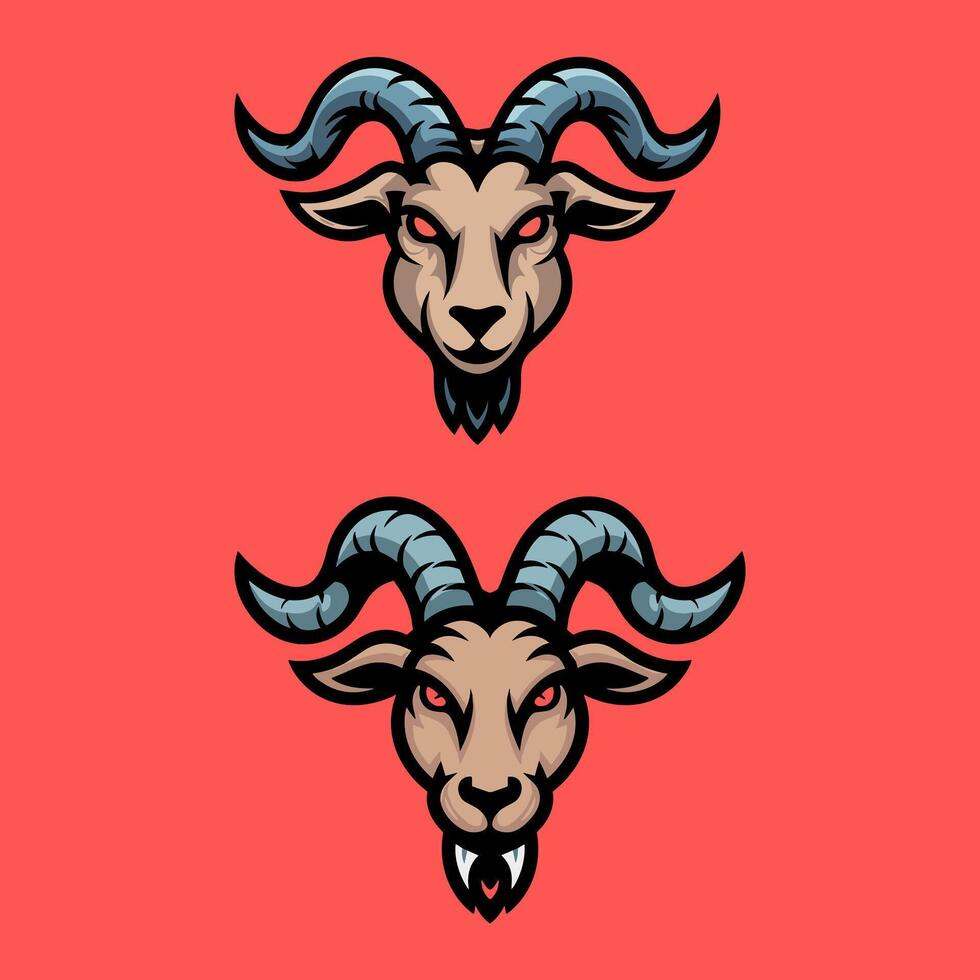 A Dynamic Duo of Fierce Goat Head Mascots, Featuring Bold Horns and Piercing Red Eyes, Perfect for Sports, Gaming, or Strong Brand Identities vector