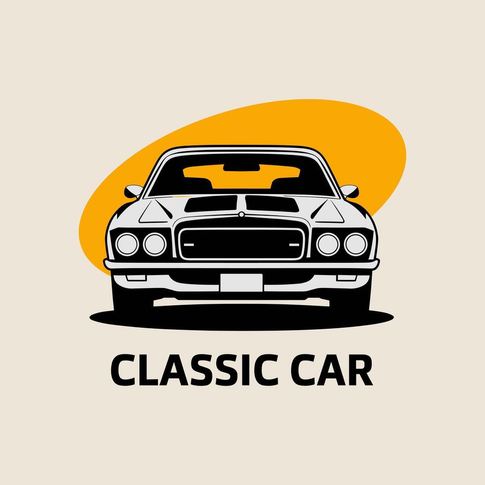 A Bold Front-View Illustration of a Classic American Muscle Car, Framed by an Oval Yellow Sunset and Prominent Text Classic Car vector