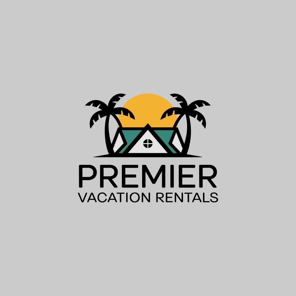 Stylized Premier Vacation Rentals Logo with Beach House, Palms, and Sunset vector