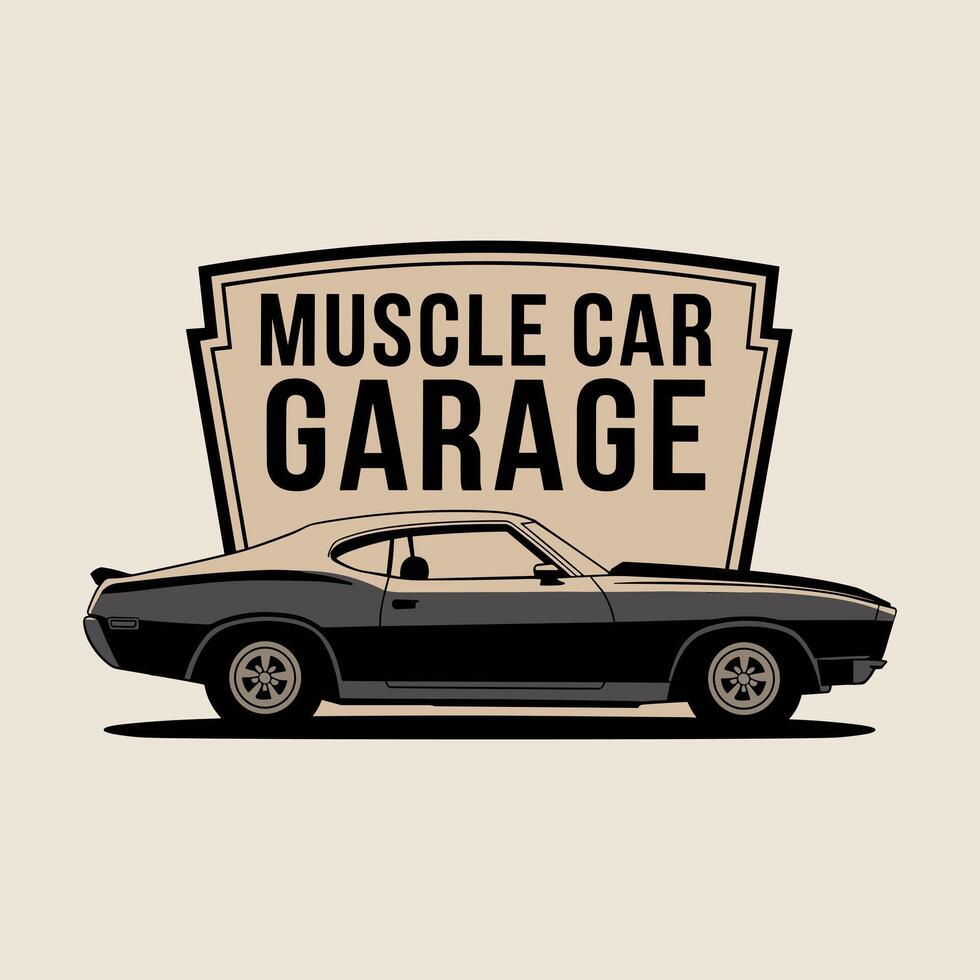 A Retro-Inspired Muscle Car Garage Emblem Featuring a Sleek Black Classic Car in Profile Against a Tan Shield Background vector
