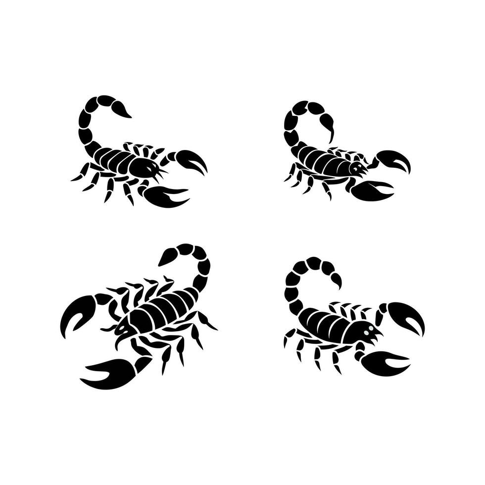 A Powerful Quadruple Set of Black Scorpion Illustrations in Various Poses, Showcasing Their Distinctive Silhouette vector