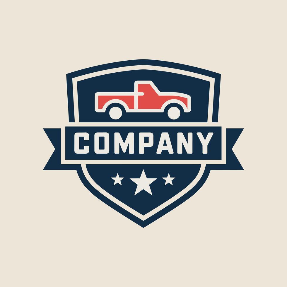 A Resilient Automotive Company Emblem Featuring a Navy Blue Pickup Truck Silhouette on a Red and White Striped Shield, with a Prominent Company Banner. vector