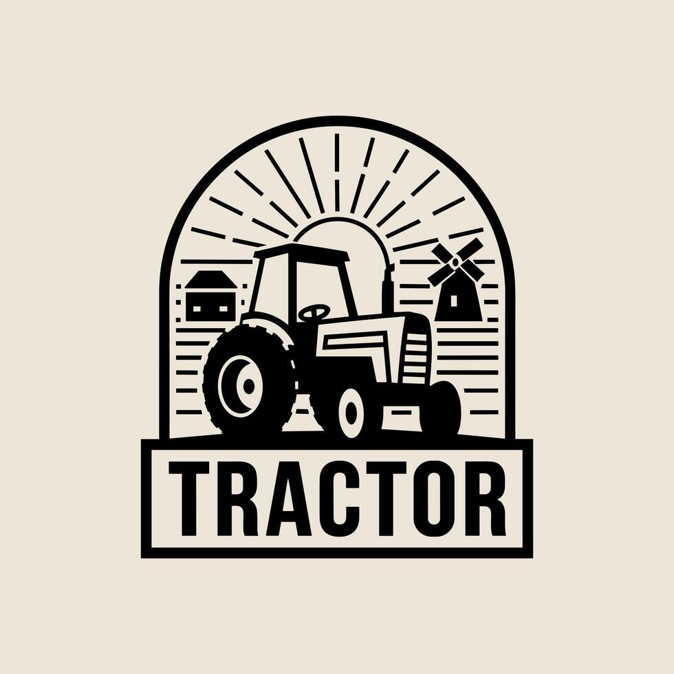 A Robust and Traditional Farming Emblem Featuring a Tractor, Barn, and Sun Rays Within an Arched Frame, Perfect for Agricultural Themes vector