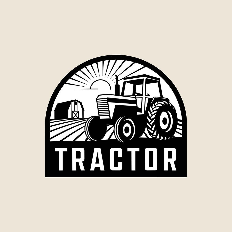 A Bold and Traditional Farming Emblem Featuring a Tractor, Barn, and Sun Rays Within an Arched Frame, Perfect for Agricultural Themes. vector