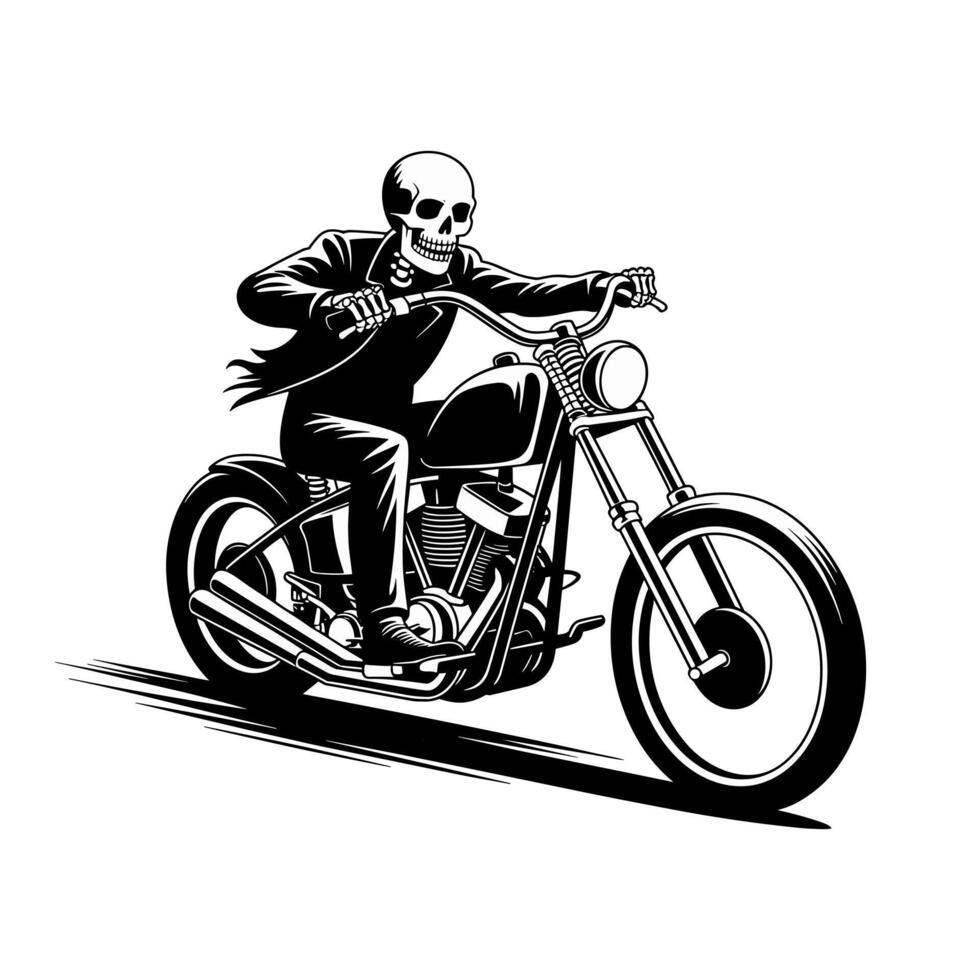 Black and White Illustration of a Skeleton Riding a Classic Motorcycle vector
