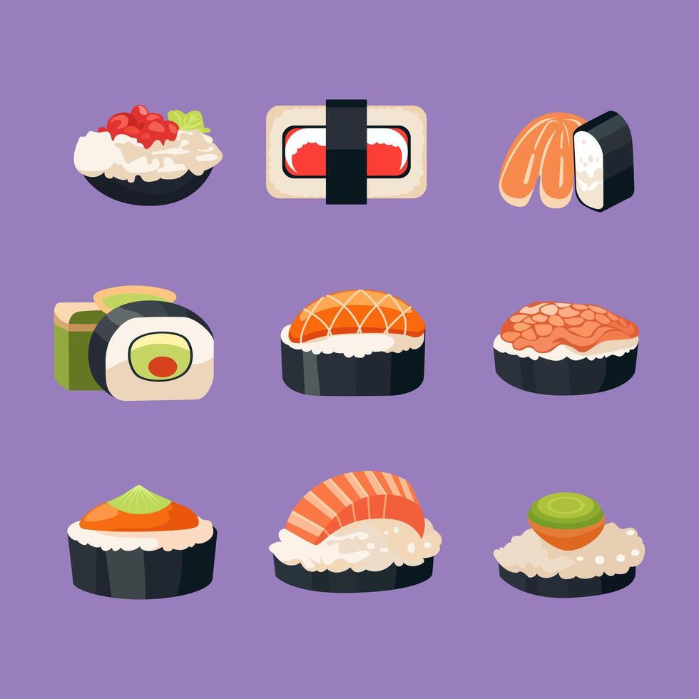 Various sushi and sashimi on a purple background vector