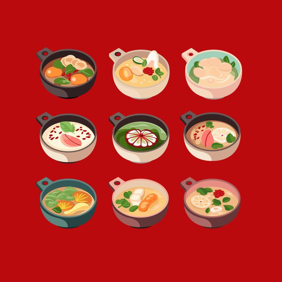 Variety of Asian soups in bowls vector