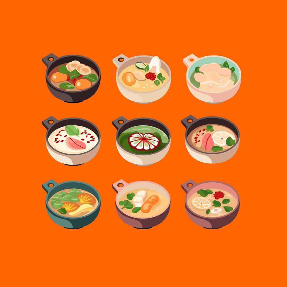 Assorted bowls of delicious soup vector