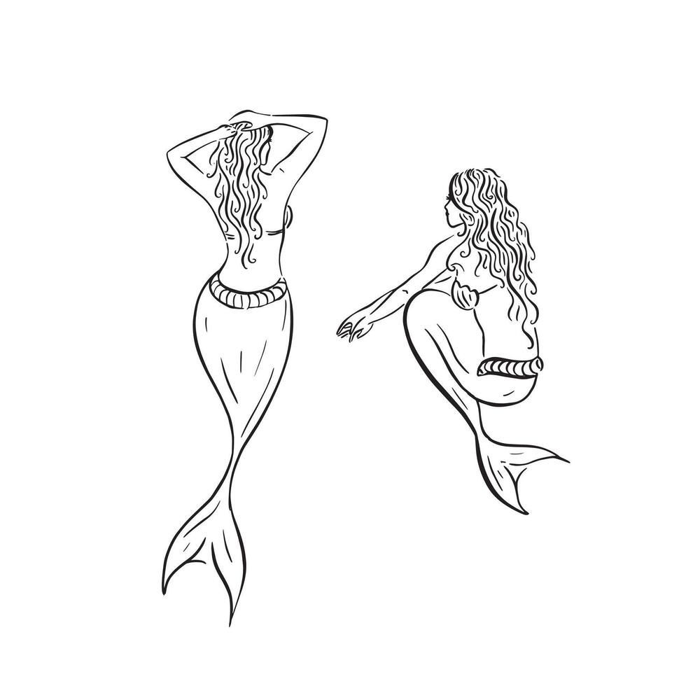 Two mermaids with curly hair hand drawn in black and white. vector