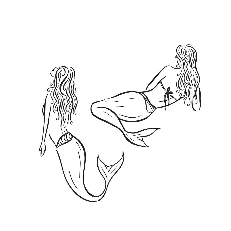 Mermaid illustrations hand drawn in black and white. vector