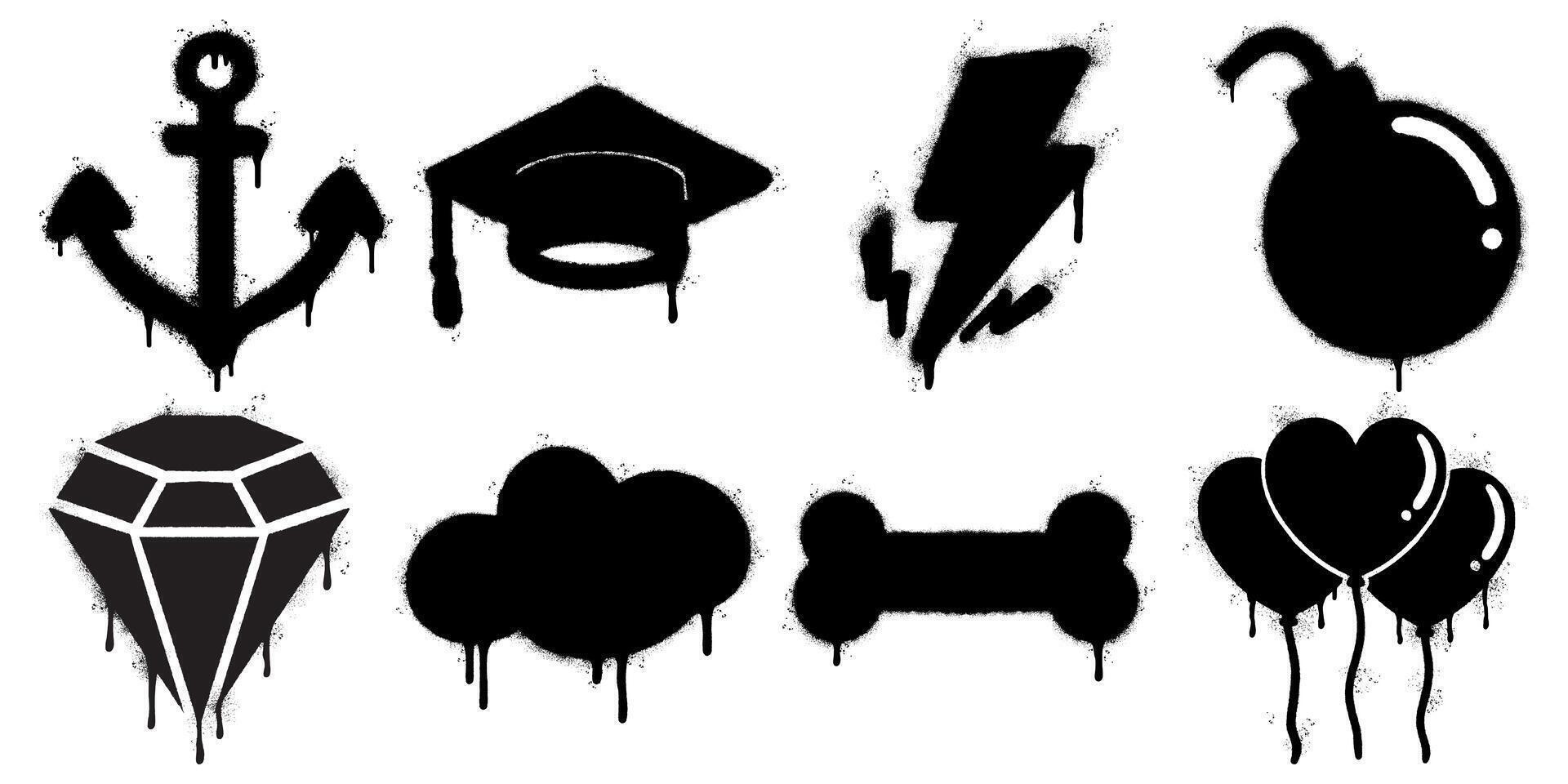 Graffiti Icon Set Dripping Black Spray Paint Symbols on White Background. Includes anchor, graduation cap, lightning bolt, bomb, diamond, cloud, bone, and heart shaped balloons. vector