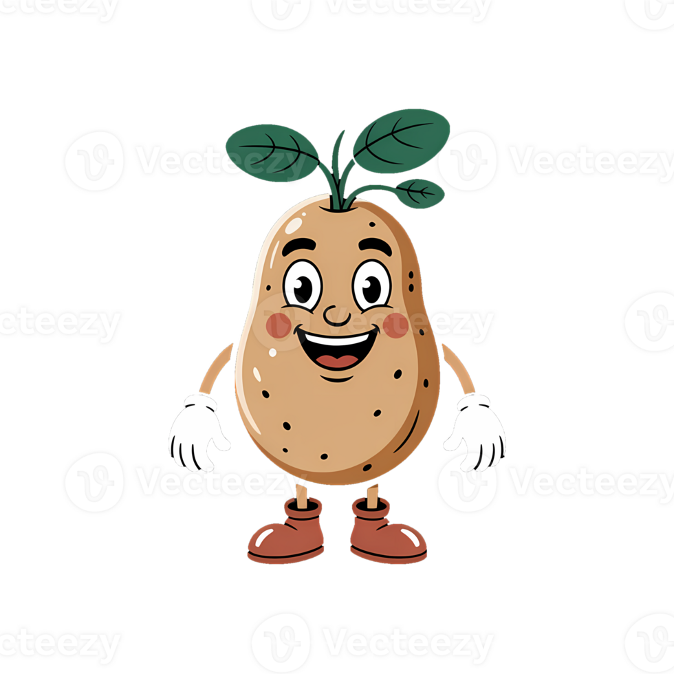 Cartoon potato character with a cheerful expression and green leaves on its head in a playful design png