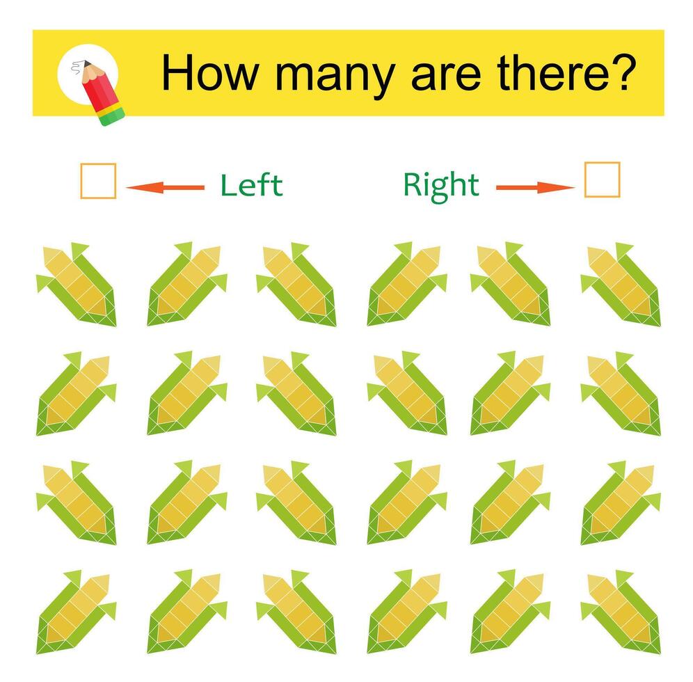 Math activity for kids. Developing numeracy skills. Cartoon corn. vector