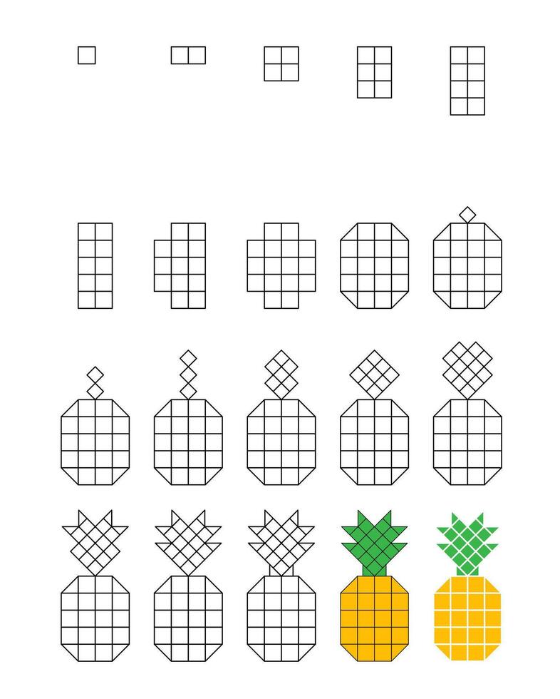 How to draw step by step Worksheet easy guide to drawing cartoon pineapple. vector