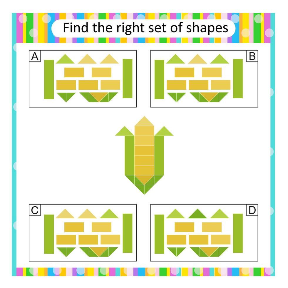 Puzzle for kids. Attention task. Find the correct set of cartoon corn. Answer is B. vector