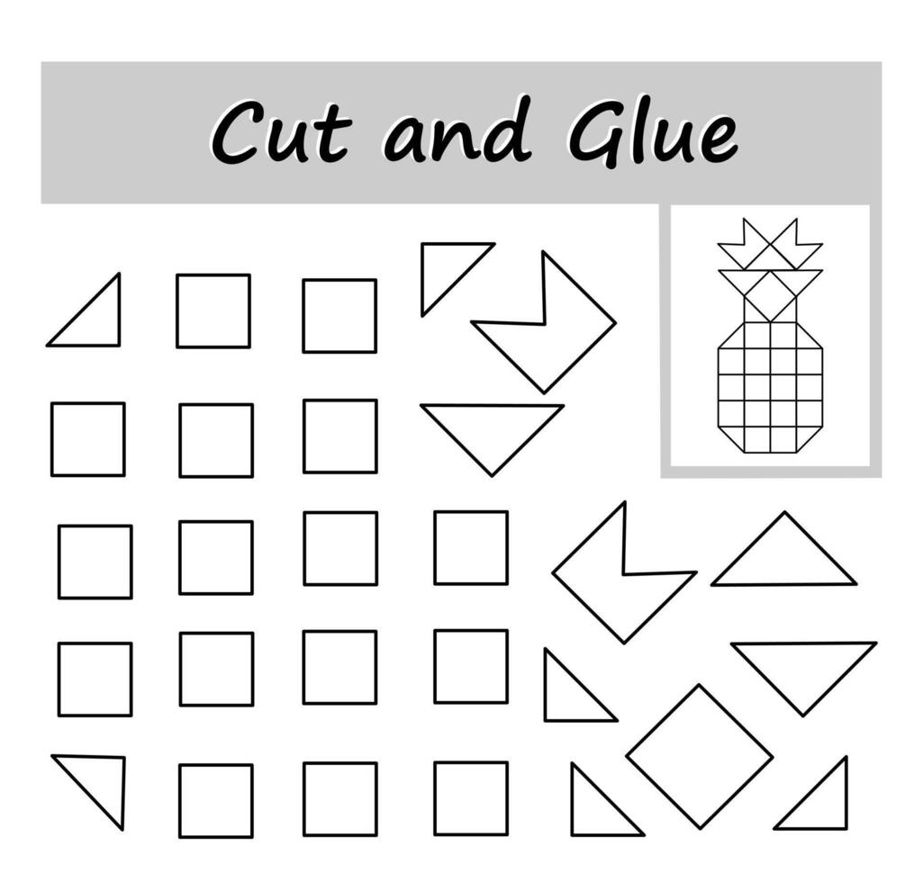Paper game for kids. DIY worksheet. Color, cut out the parts of the image and glue on the paper. Cartoon pineapple. vector