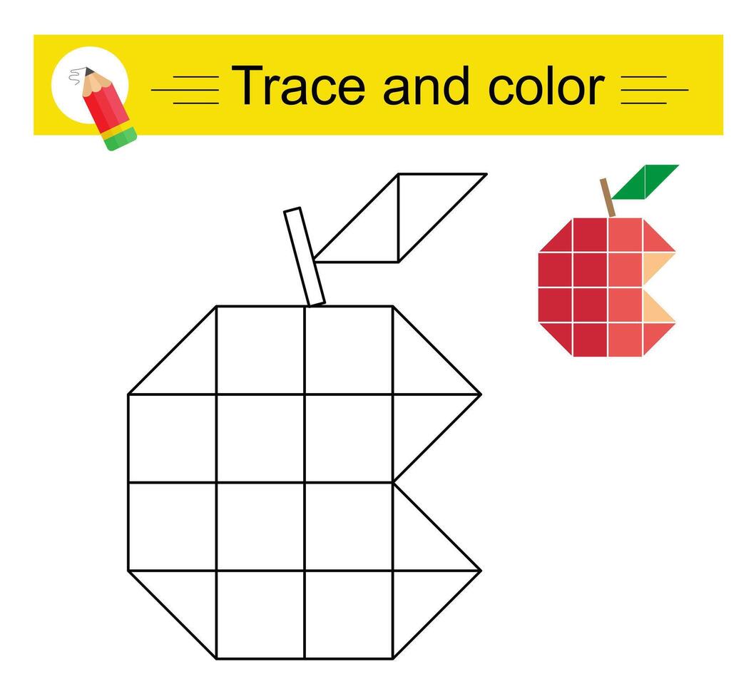 Trace and color for children. Preschool worksheet for practicing fine motor skills. Cartoon eaten apple. vector