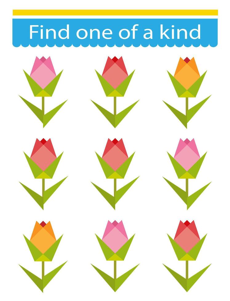 Fun educational game for kids. Need to find one of a kind flower rose. Kids activity page. vector