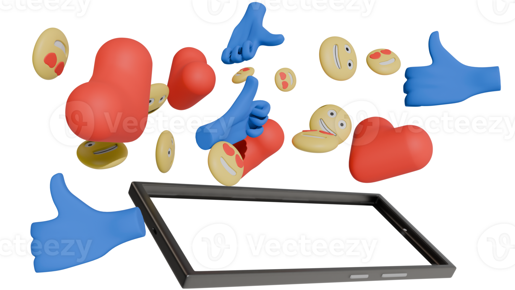 3D Social Media Reactions Bursting from a Smartphone png