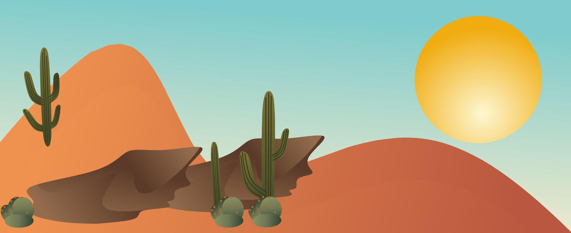 Desert landscape with mountains and cactuses. vector