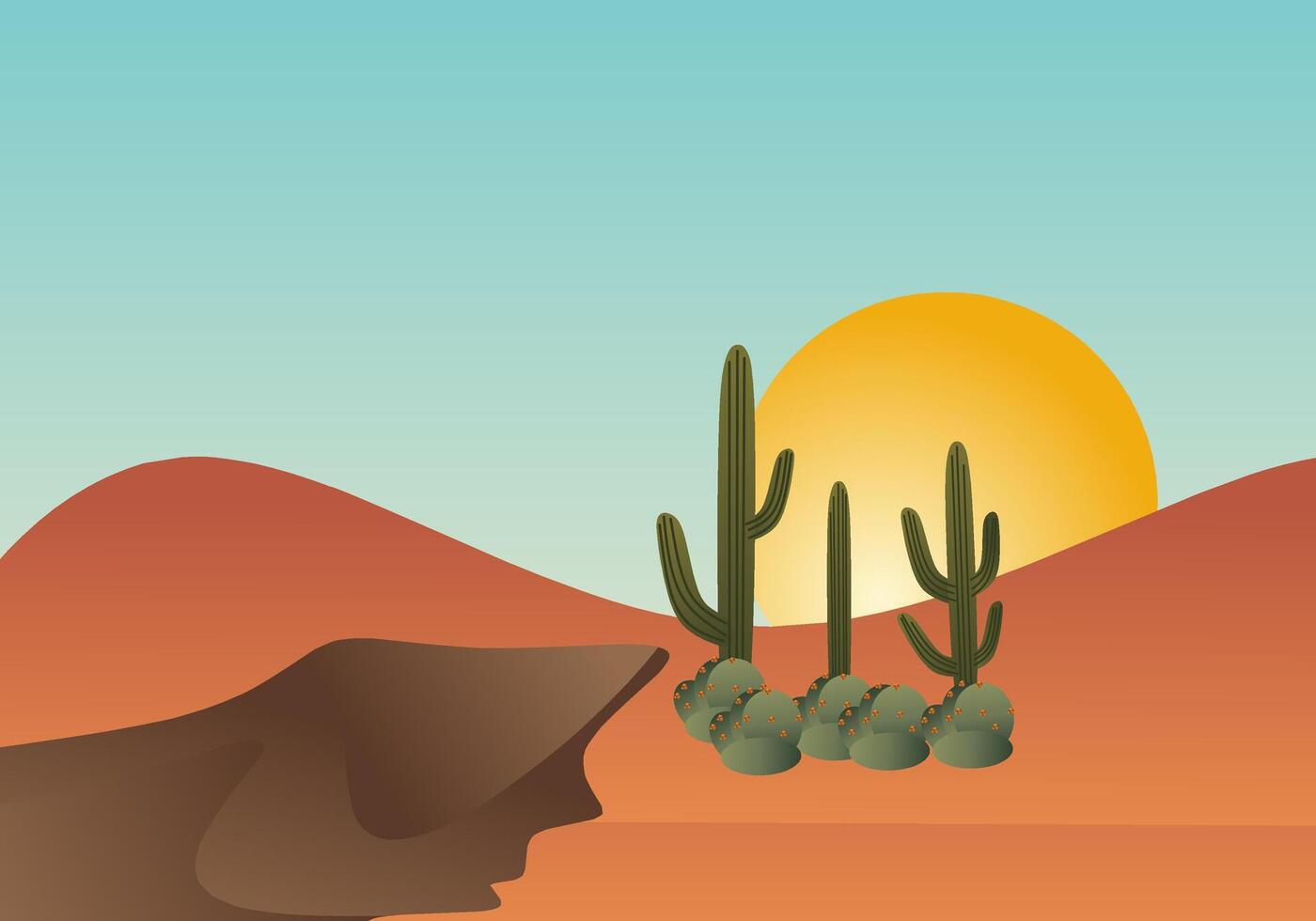 Desert landscape with cactuses and sunset vector