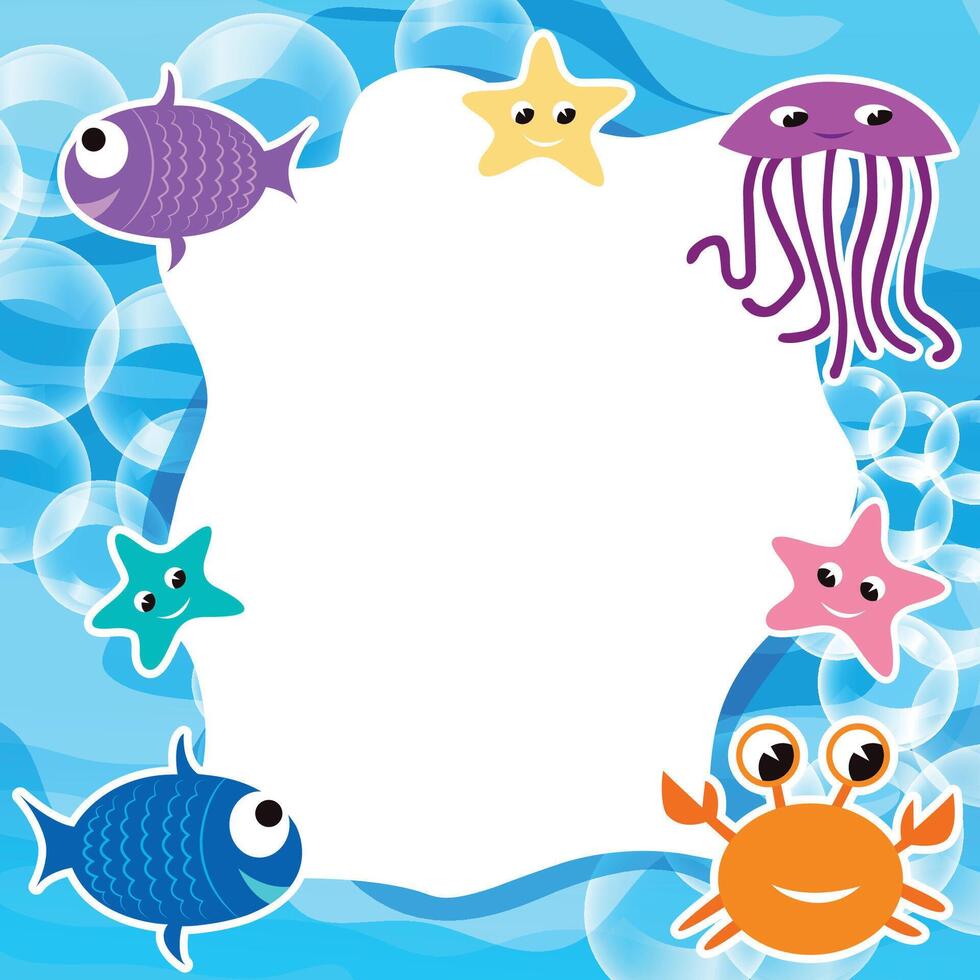 Cute Underwater Frame with Sea Animals and Bubbles vector