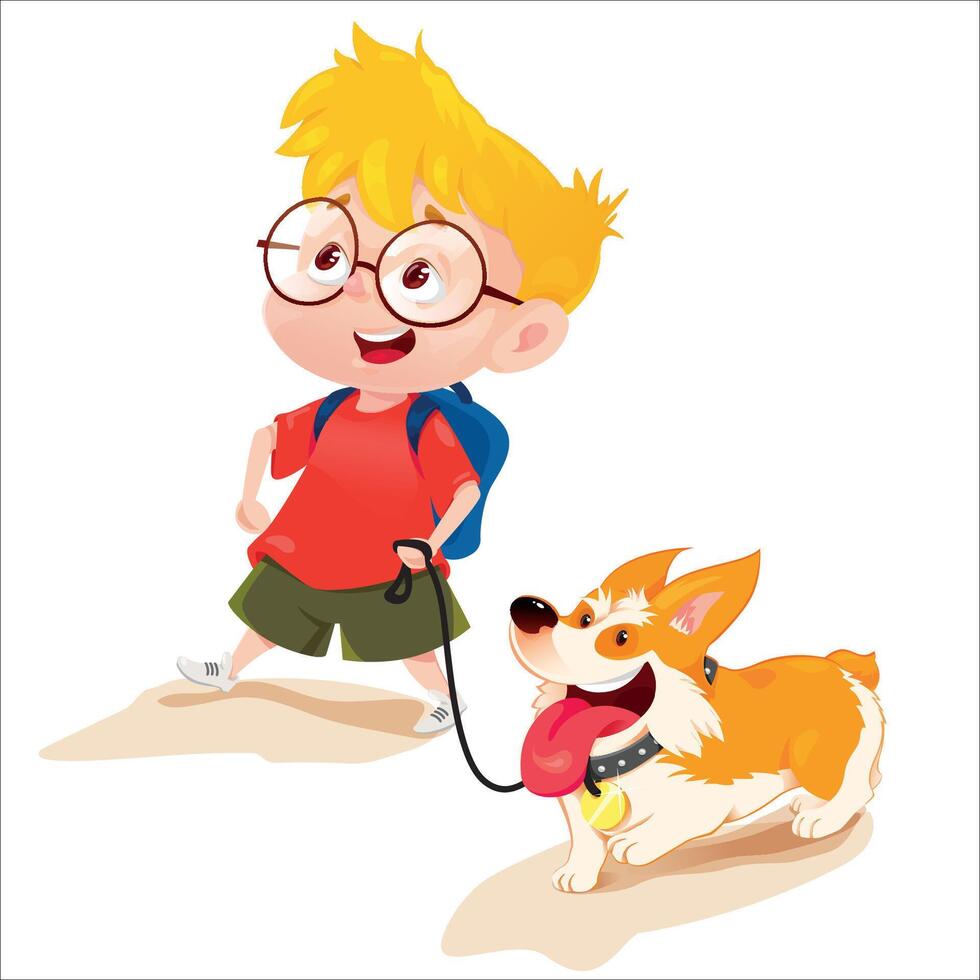 Boy and corgi dog walking together vector
