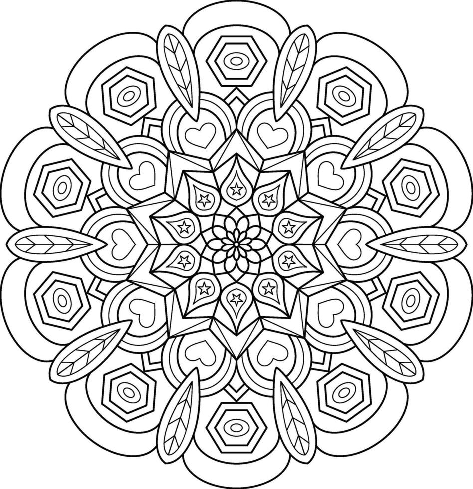 Geometric Mandala Design with Hearts and Stars for Calming Meditation, Relaxation, and Creative Artistic Projects vector