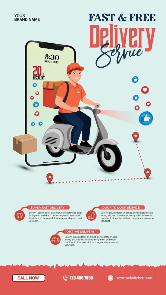 Delivery man with parcel on scooter Instagram Story Design Template Ads Promotional vector