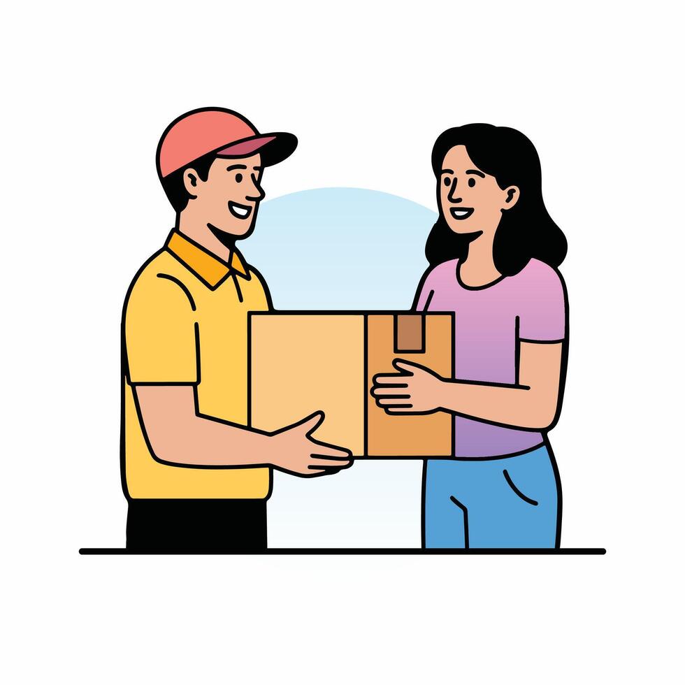 Quick home delivery service illustration delivery man with parcel for delivery to a woman vector