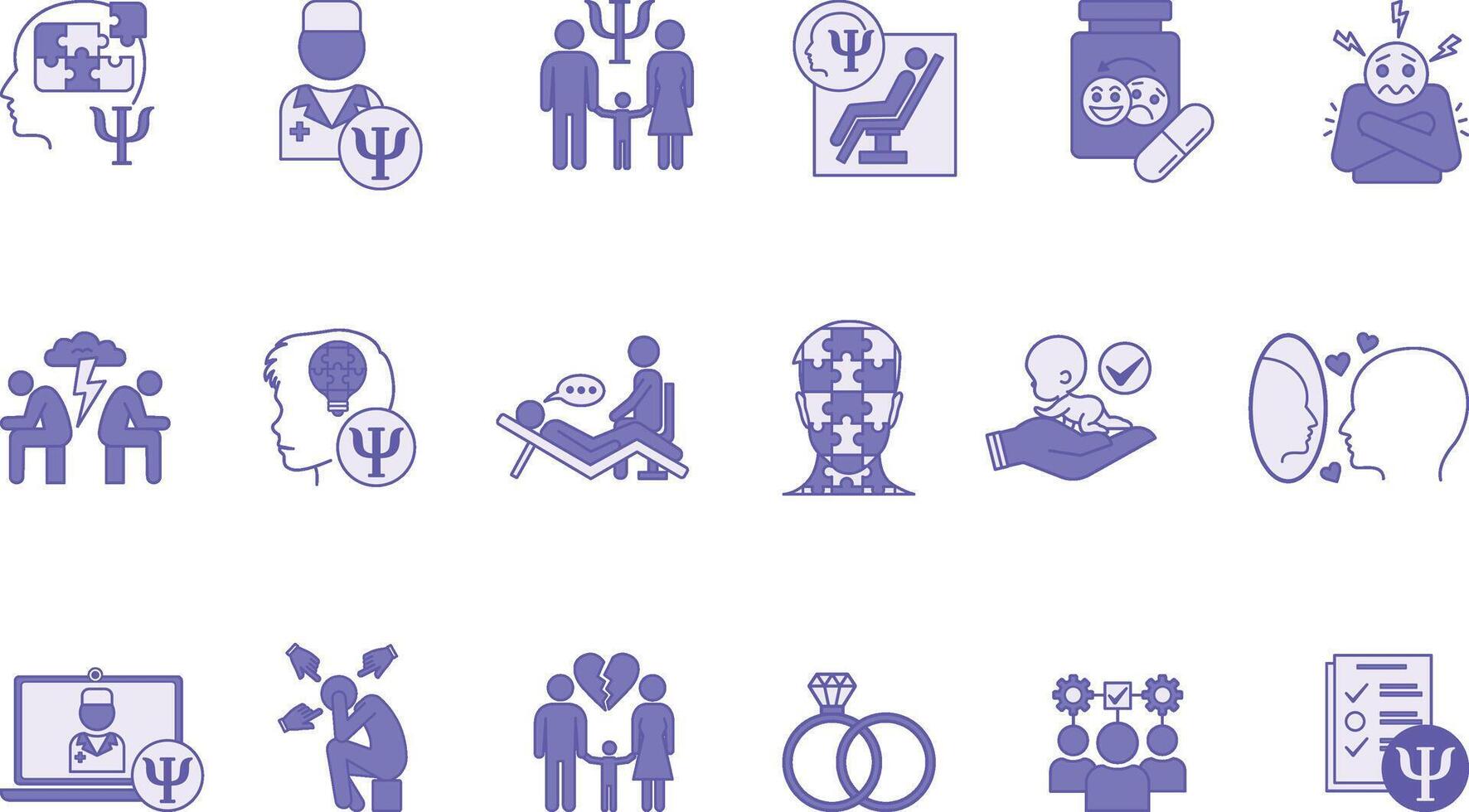 Colored Psychology Icon Set. Illustrations Family Psychology, Psychologist, Divorce, Child Psychology, Marriage, Antidepressants, Adoption, Complexes, Fears, Conflicts, Ego, and Others vector