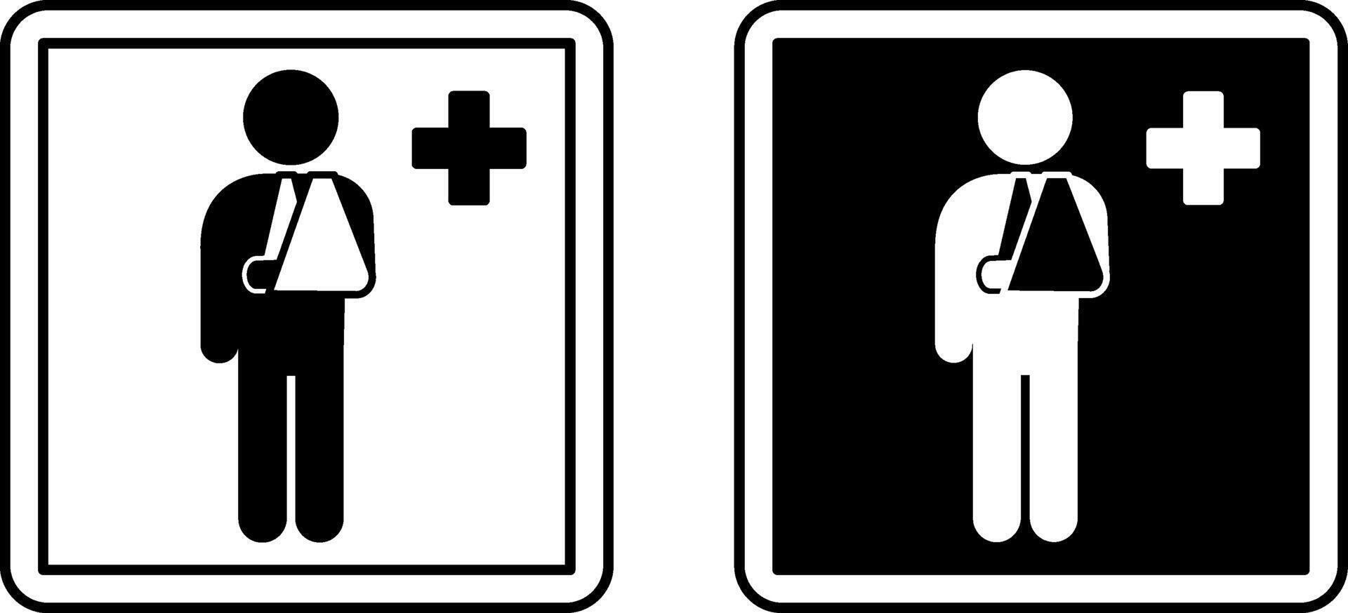 Outpatient Signs. Black And White Illustrations. Man With Bandaged Arm And Plus Sign. Home Treatment Or Patient Visits Medical Facility. Hospital Department Sign vector