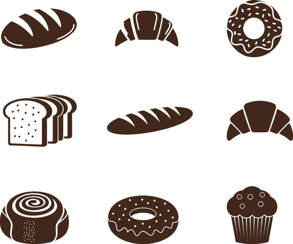 Assorted Pastries and Bread Icon Set in Brown vector